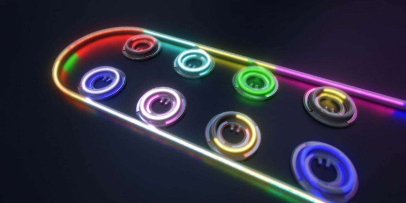 Illustration of 8 micro-ring modulators and the optical waveguides.