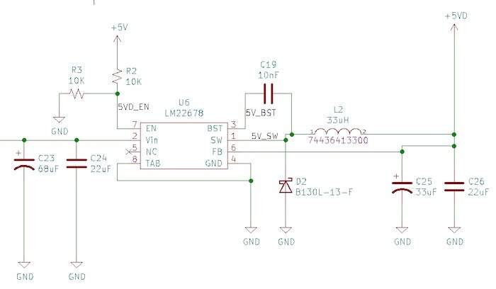 The schematic for a non-synchronous LM22678 buck converter 12 V to 5 V.