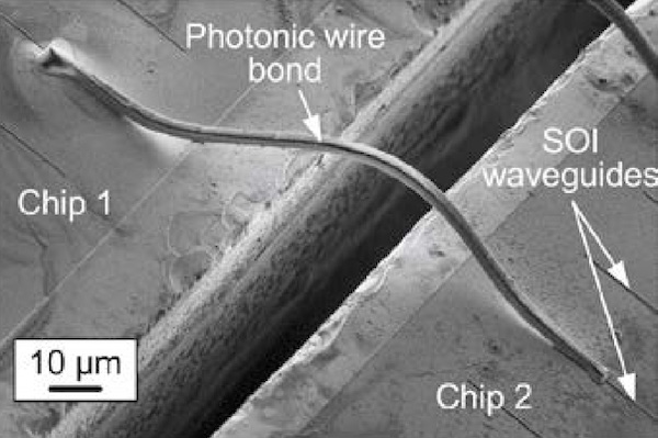 A close-up view of a photonic wire bond interconnects. A typical example of a photonic wire bonding process.