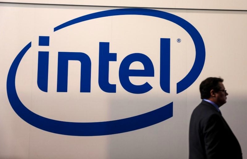 The Intel logo at a previous Mobile World Congress