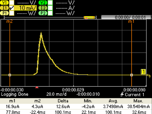 Figure 5. Direct Battery Connection Capture with 330 µF Storage Cap @ VPS= 3.0 V. IBATT (Yellow)