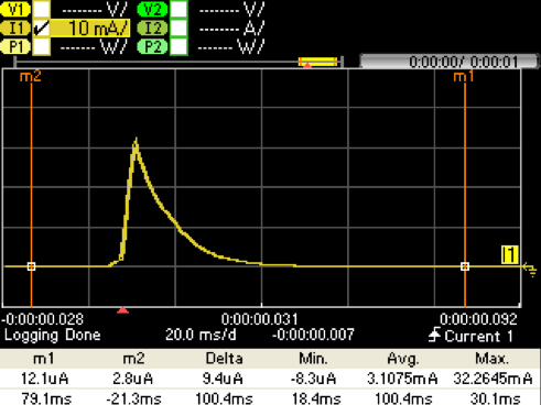 Figure 7. Direct Battery Connection Capture with 330 µF Storage Cap @ VPS= 2.5 V. IBATT (Yellow)