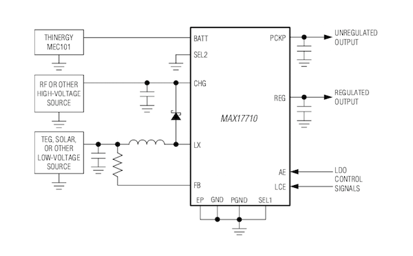 Energy harvesting for charging micro-power storage cells via the Maxim MAX17710. 