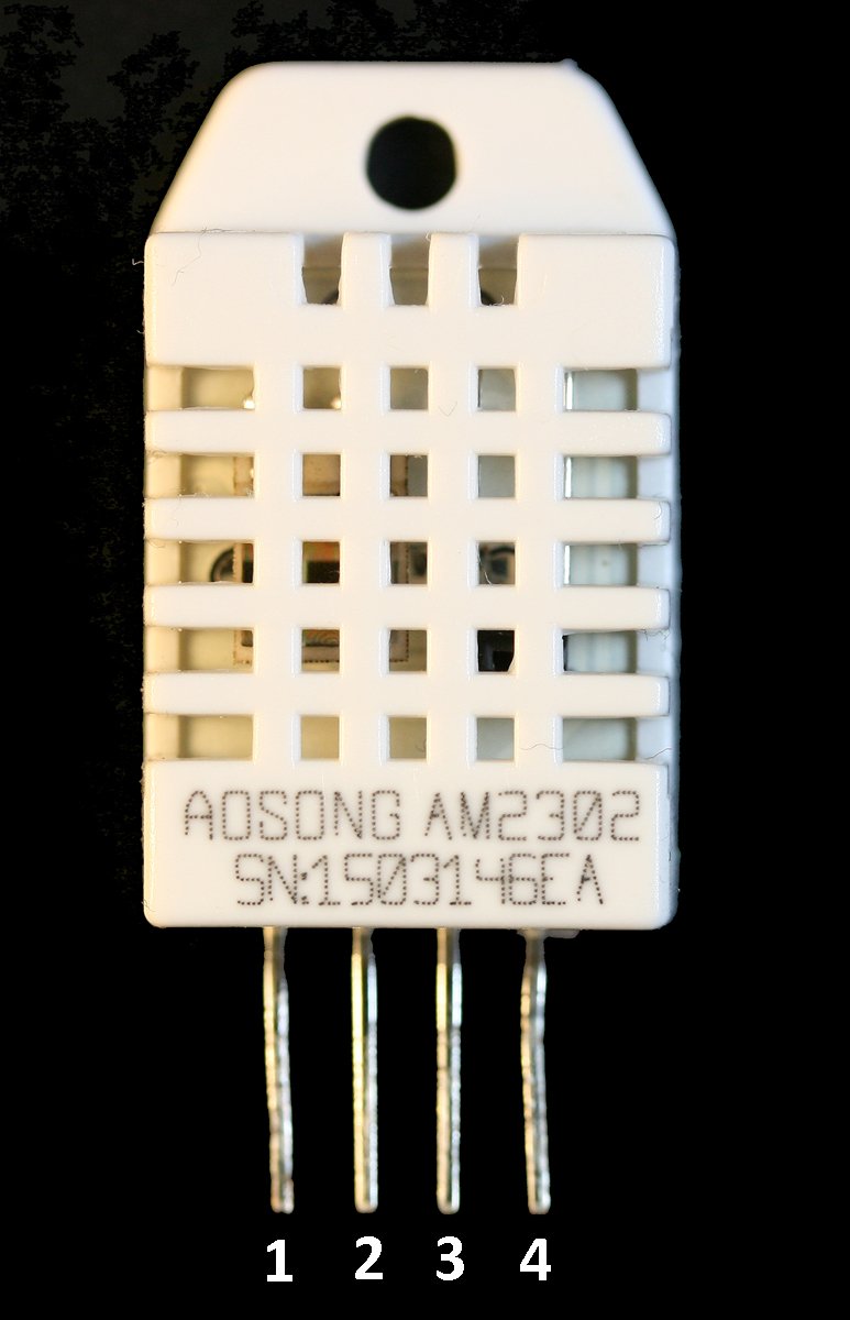 The DHT22 or AM2302 Humidity and Temperature Sensor. Pins: 1-Vdd, 2-Data, 3 n/c, 4-GND. The DHT22 or AM2302 Humidity and Temperature Sensor. Pins: 1-Vdd, 2-Data, 3 n/c, 4-GND.