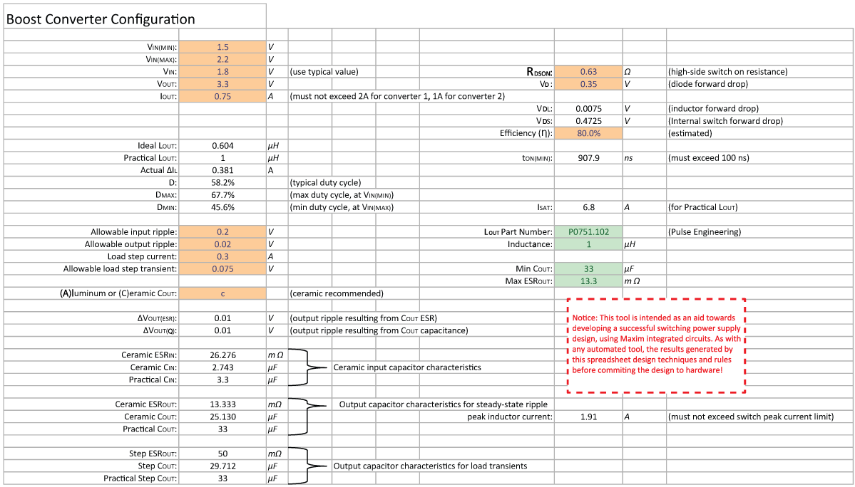 Spreadsheet for the Boost Converter by MAXIM